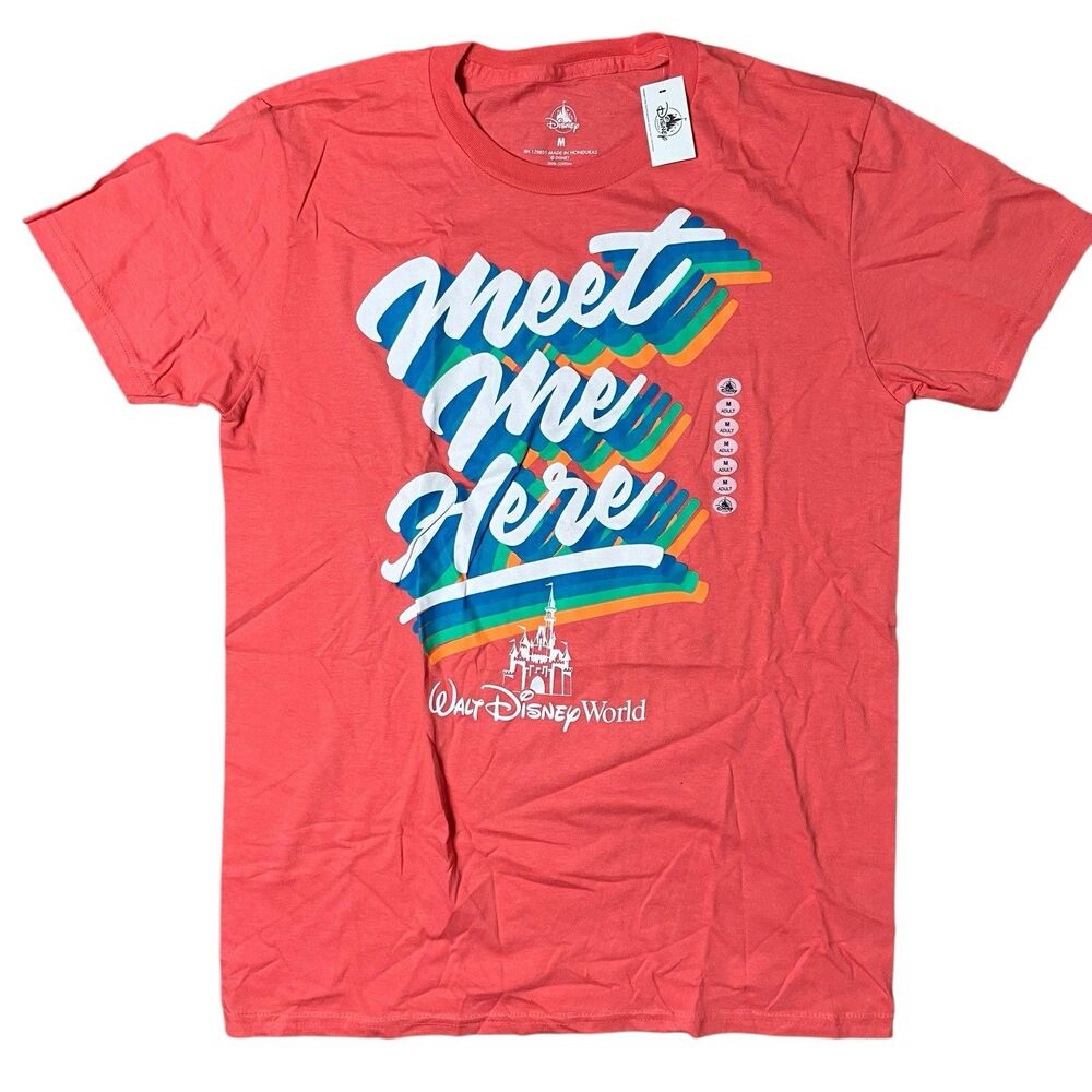 Disney Parks T-Shirt Mens M Cotton Meet Me Here Adult Coral Orange Colorful New